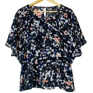 NWOT DKNY Multicolor Abstract Floral Blouse Size L Flutter Sleeve Peplum Waist